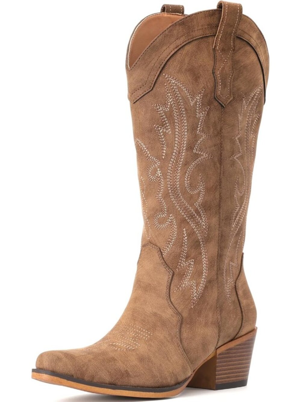 Women's Brown Rubber Mid Calf Embroidered Stitched Pointed Toe Chunky Heel Boots - Picture 3 of 6